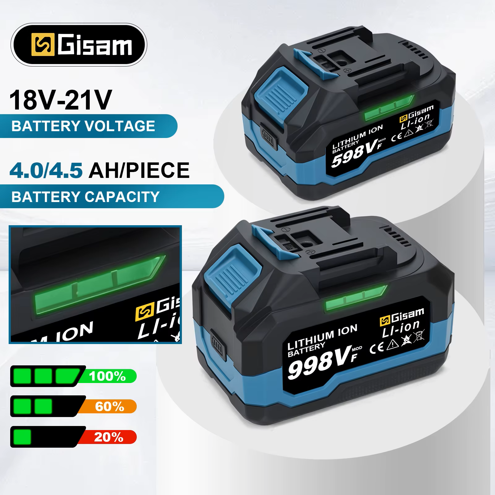 GISAM Akumulator ładowalny 18V, 4.0Ah i 6.0Ah litowe baterie do elektronarzędzi ze wskaźnikiem LED, kompatybilne z pinami akumulatora Makita
